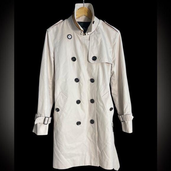 Coach New York F34024 Beige Trench Coat Double Breasted Belted Leather Trim L - Picture 1 of 16